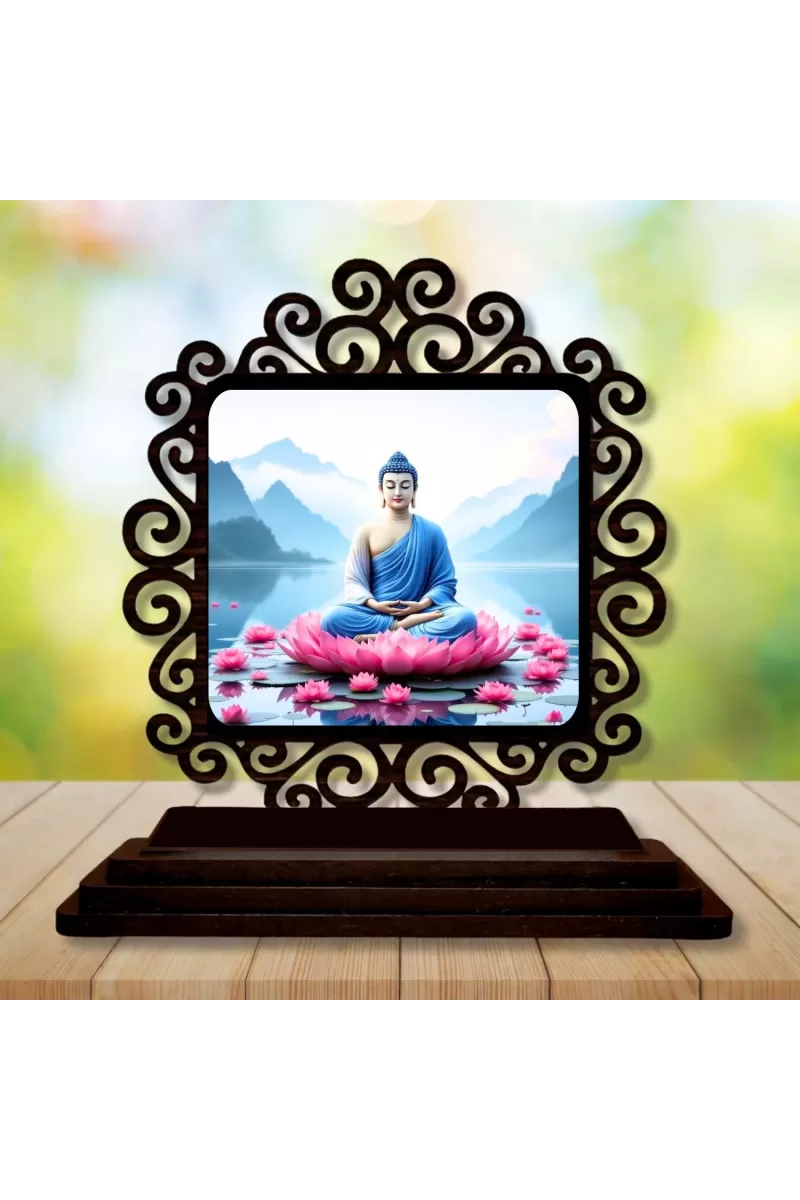 Car Desk/Table Top Lord Buddha Wooden Photo Stand  3x4 Inches, Compact & Stylish Spiritual Display For Car, Home & Office (Pack Of 1) (F19932)