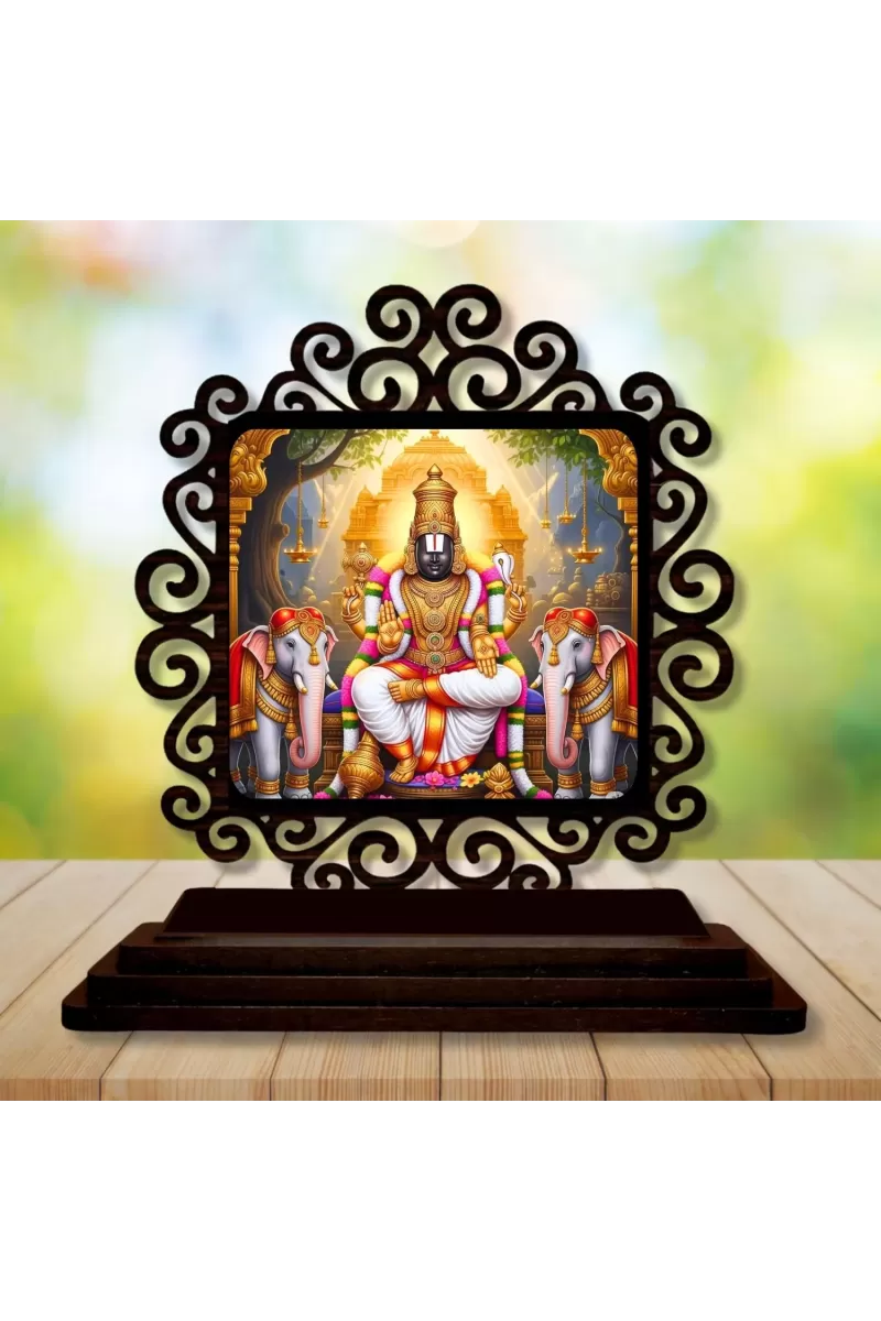 Car Desk/Table Top Lord Venkateswara  Wooden Photo Stand  3x4 Inches, Compact & Stylish Spiritual Display For Car, Home & Office (Pack Of 1) (F19933)