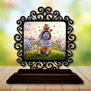 Car Desk/Table Top Lord Krishna Wooden Photo Stand  3x4 Inches, Compact & Stylish Spiritual Display For Car, Home & Office (Pack Of 1) (F19934)