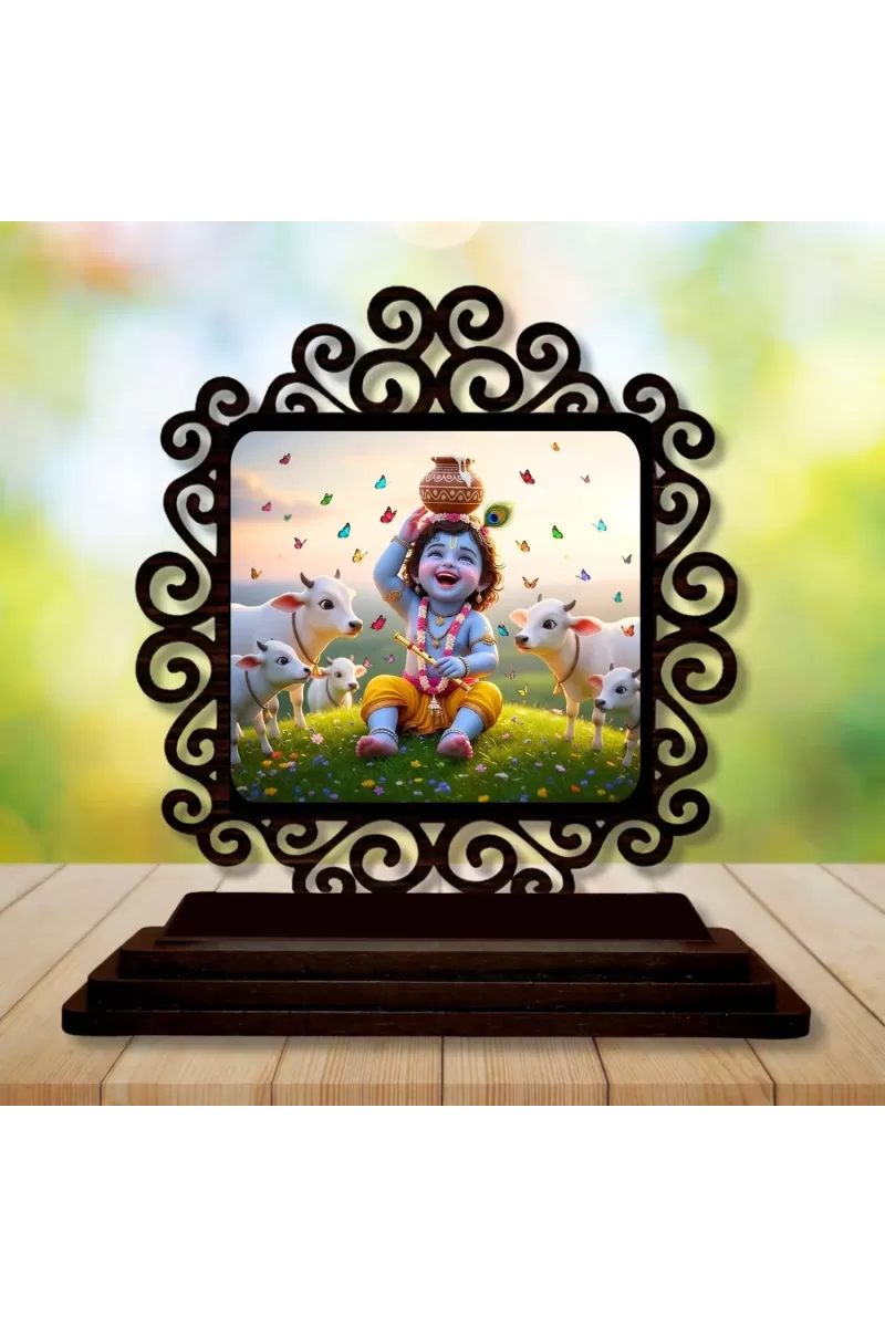 Car Desk/Table Top Lord Krishna Wooden Photo Stand  3x4 Inches, Compact & Stylish Spiritual Display For Car, Home & Office (Pack Of 1) (F19934)