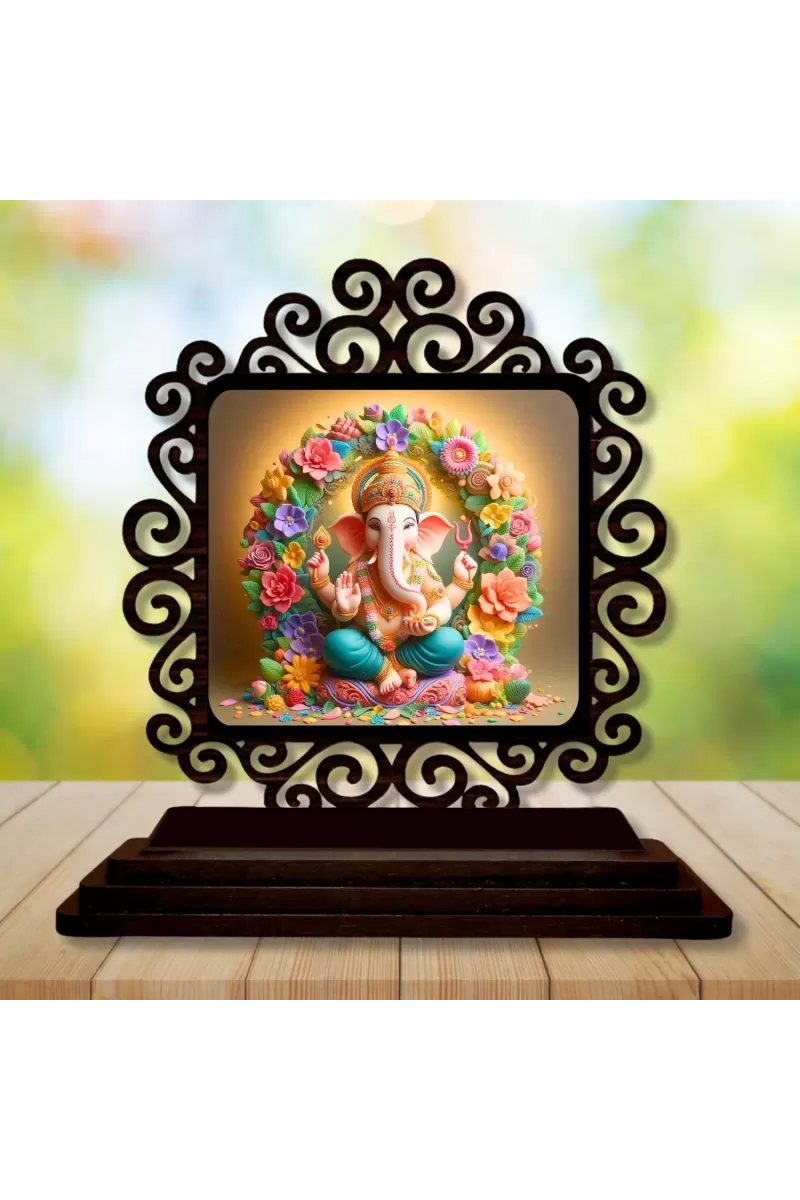 Car Desk/Table Top Lord Ganesha Wooden Photo Stand  3x4 Inches, Compact & Stylish Spiritual Display For Car, Home & Office (Pack Of 1) (F19936)