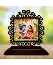Car Desk/Table Top Radha Krishna Wooden Photo Stand  3x4 Inches, Compact & Stylish Spiritual Display For Car, Home & Office (Pack Of 1) (F19937)