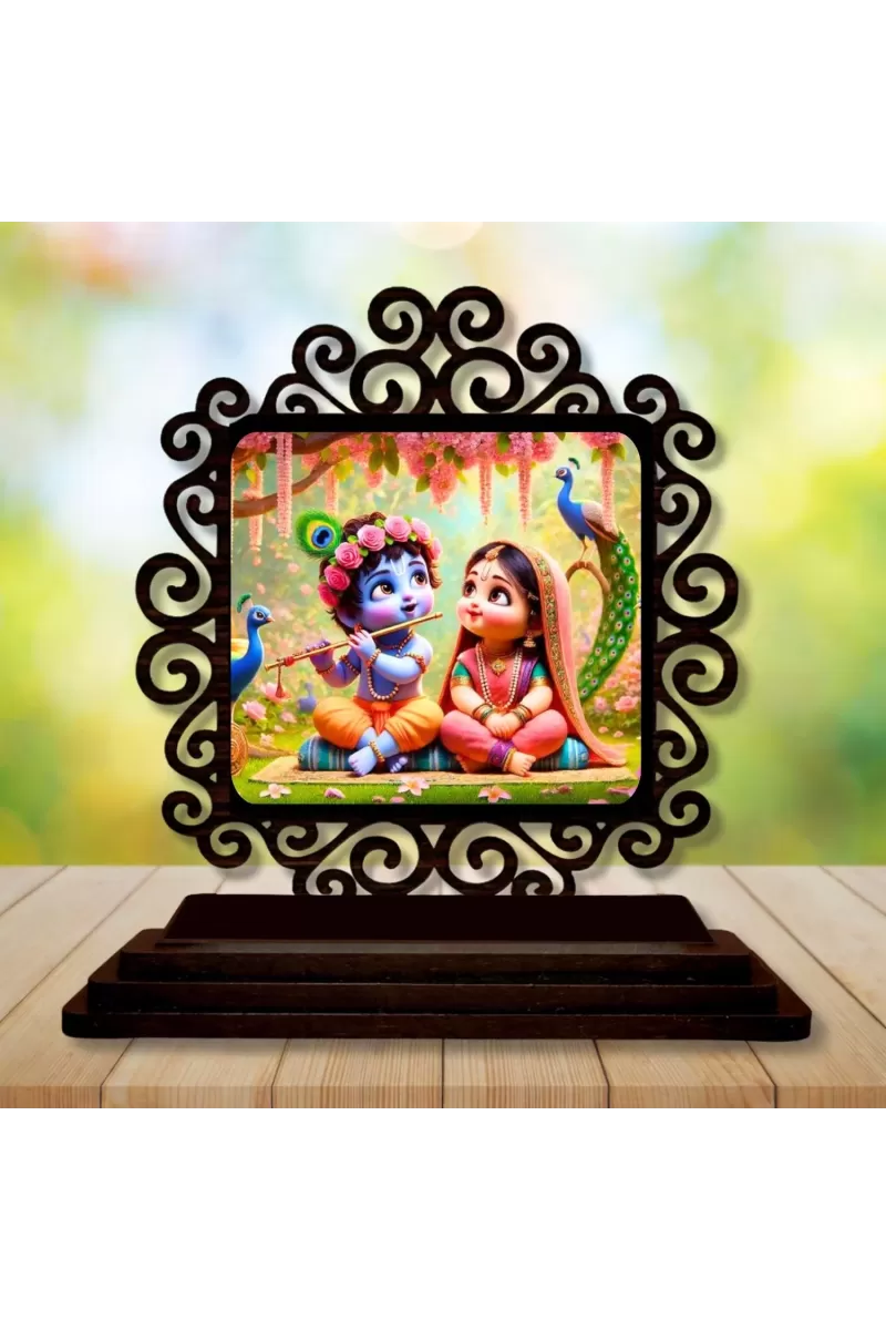 Car Desk/Table Top Radha Krishna Wooden Photo Stand  3x4 Inches, Compact & Stylish Spiritual Display For Car, Home & Office (Pack Of 1) (F19937)