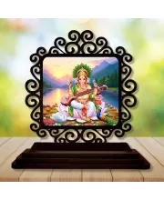 Car Desk/Table Top Goddess Saraswathi Wooden Photo Stand  3x4 Inches, Compact & Stylish Spiritual Display For Car, Home & Office (Pack Of 1) (F19944)