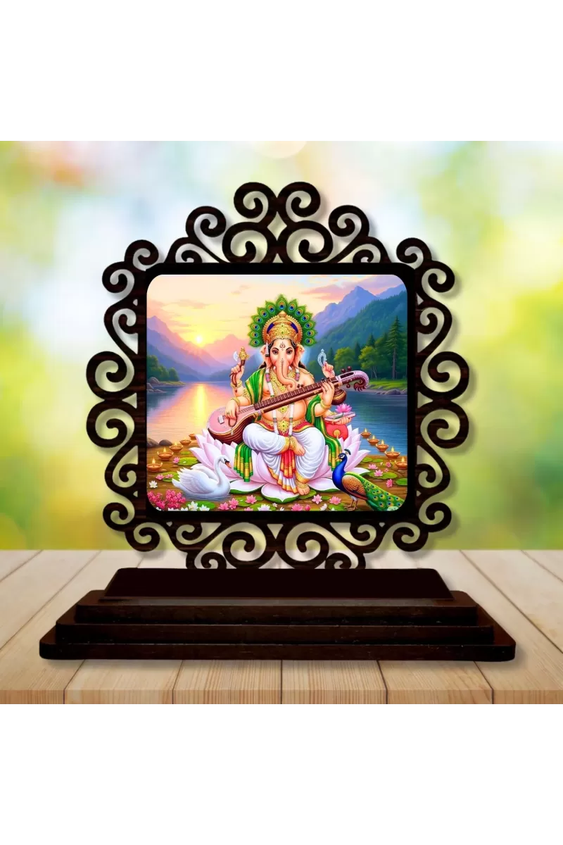 Car Desk/Table Top Goddess Saraswathi Wooden Photo Stand  3x4 Inches, Compact & Stylish Spiritual Display For Car, Home & Office (Pack Of 1) (F19944)