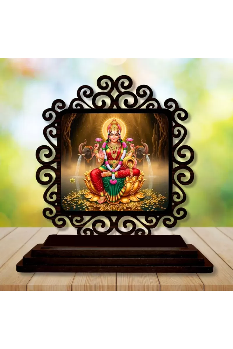 Car Desk/Table Top Goddess Lakshmi Wooden Photo Stand  3x4 Inches, Compact & Stylish Spiritual Display For Car, Home & Office (Pack Of 1) (F19945)