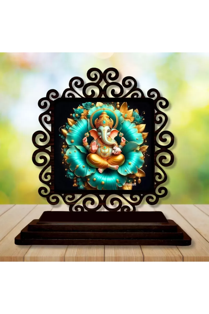 Car Desk/Table Top Lord Ganesha Wooden Photo Stand  3x4 Inches, Compact & Stylish Spiritual Display For Car, Home & Office (Pack Of 1) (F19948)
