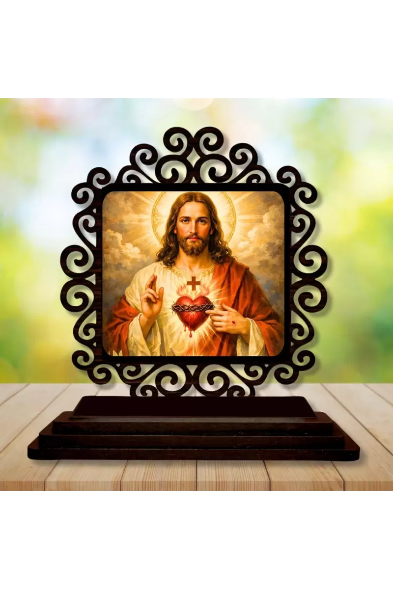 Car Desk/Table Top Lord Jesus Wooden Photo Stand  3x4 Inches, Compact & Stylish Spiritual Display For Car, Home & Office (Pack Of 1) (F19949)