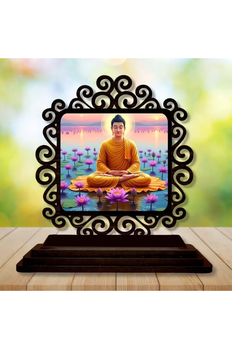 Car Desk/Table Top Lord Buddha Wooden Photo Stand  3x4 Inches, Compact & Stylish Spiritual Display For Car, Home & Office (Pack Of 1) (F19951)