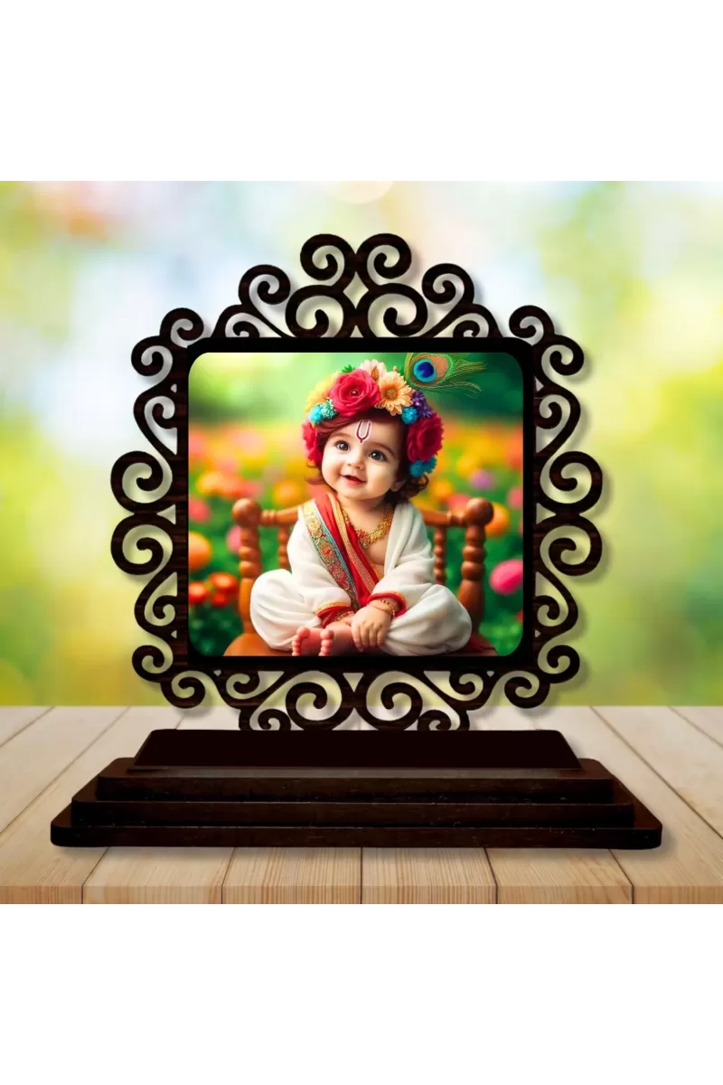 Car Desk/Table Top Lord Krishna Wooden Photo Stand  3x4 Inches, Compact & Stylish Spiritual Display For Car, Home & Office (Pack Of 1) (F19954)