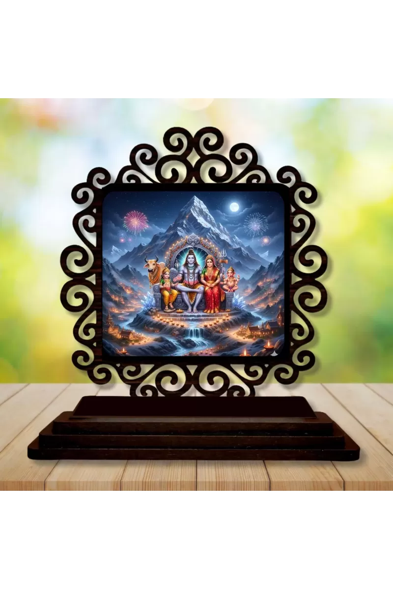 Car Desk/Table Top Lord Shiva And Parvathi Wooden Photo Stand  3x4 Inches, Compact & Stylish Spiritual Display For Car, Home & Office (Pack Of 1) (F19955)
