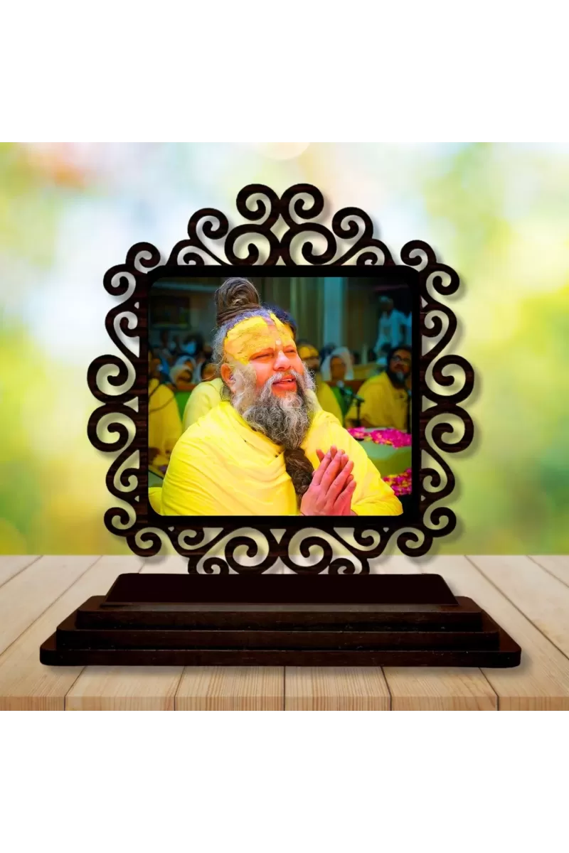 Car Desk/Table Top Premanand Govind Sharan Ji Maharaj  Wooden Photo Stand  3x4 Inches, Compact & Stylish Spiritual Display For Car, Home & Office (Pack Of 1) (F19957)
