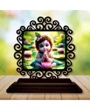 Car Desk/Table Top Lord Krishna Wooden Photo Stand  3x4 Inches, Compact & Stylish Spiritual Display For Car, Home & Office (Pack Of 1) (F19958)