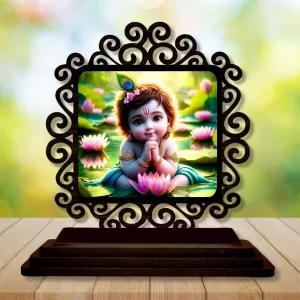 Car Desk/Table Top Lord Krishna Wooden Photo Stand  3x4 Inches, Compact & Stylish Spiritual Display For Car, Home & Office (Pack Of 1) (F19958)