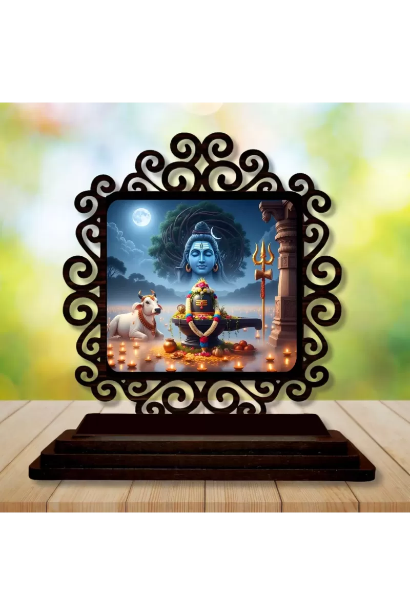 Car Desk/Table Top Lord Shiva And Lingam Wooden Photo Stand  3x4 Inches, Compact & Stylish Spiritual Display For Car, Home & Office (Pack Of 1) (F19959)