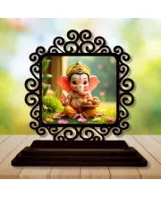 Car Desk/Table Top Lord Ganesha Wooden Photo Stand  3x4 Inches, Compact & Stylish Spiritual Display For Car, Home & Office (Pack Of 1) (F19963)