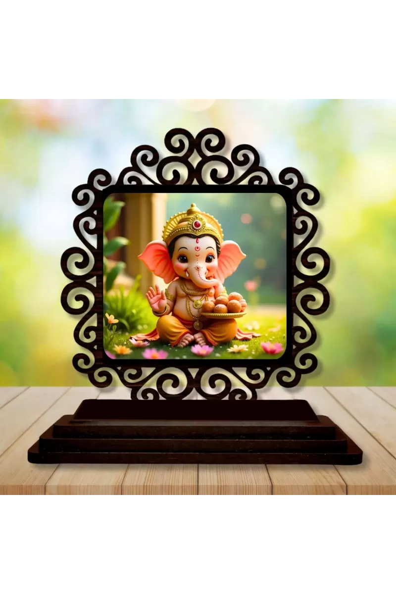 Car Desk/Table Top Lord Ganesha Wooden Photo Stand  3x4 Inches, Compact & Stylish Spiritual Display For Car, Home & Office (Pack Of 1) (F19963)