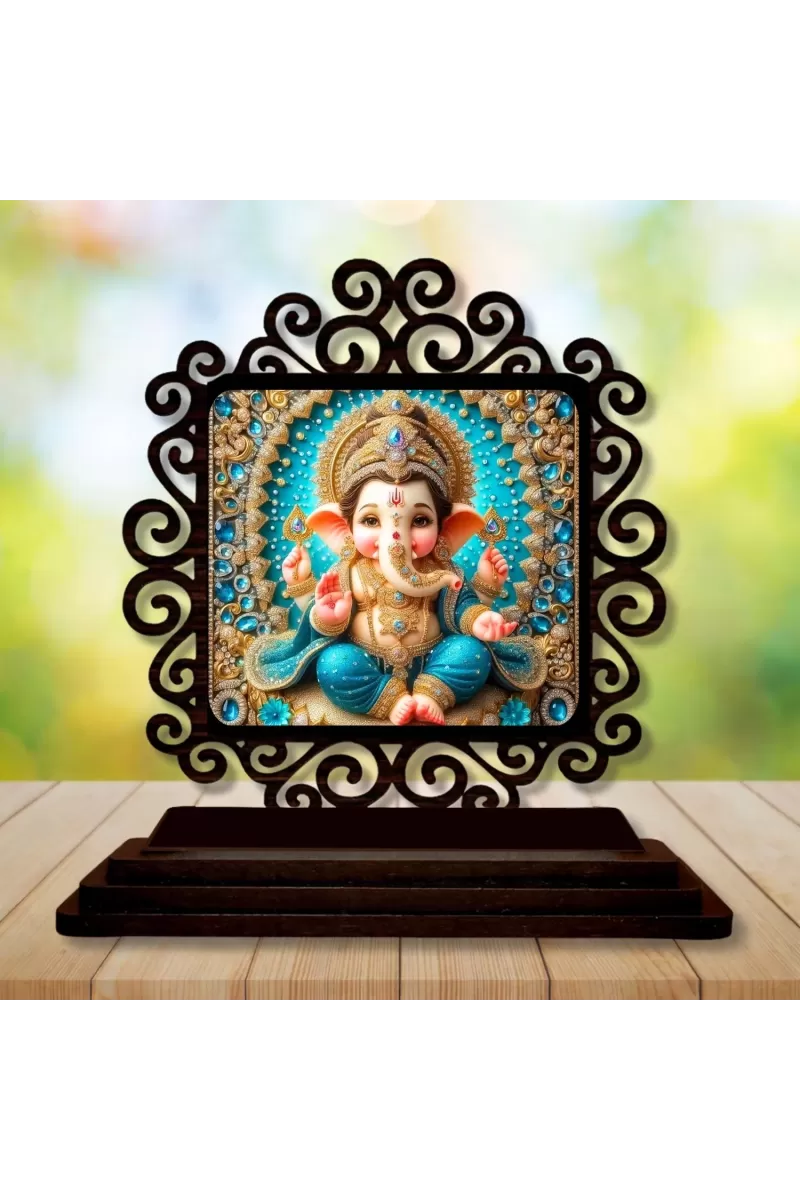 Car Desk/Table Top Lord Ganesha Wooden Photo Stand  3x4 Inches, Compact & Stylish Spiritual Display For Car, Home & Office (Pack Of 1) (F19964)