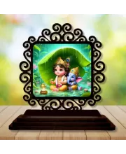 Car Desk/Table Top Lord Krishna Wooden Photo Stand  3x4 Inches, Compact & Stylish Spiritual Display For Car, Home & Office (Pack Of 1) (F19965)