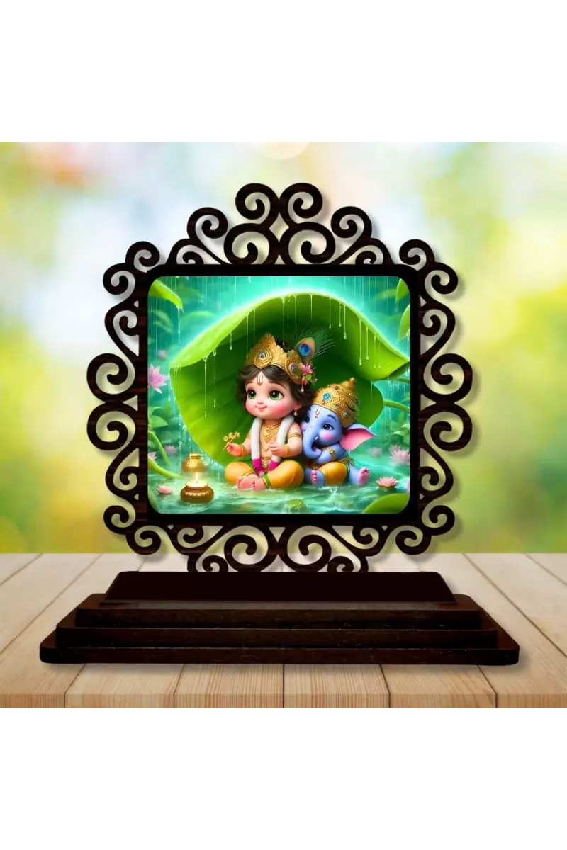Car Desk/Table Top Lord Krishna Wooden Photo Stand  3x4 Inches, Compact & Stylish Spiritual Display For Car, Home & Office (Pack Of 1) (F19965)