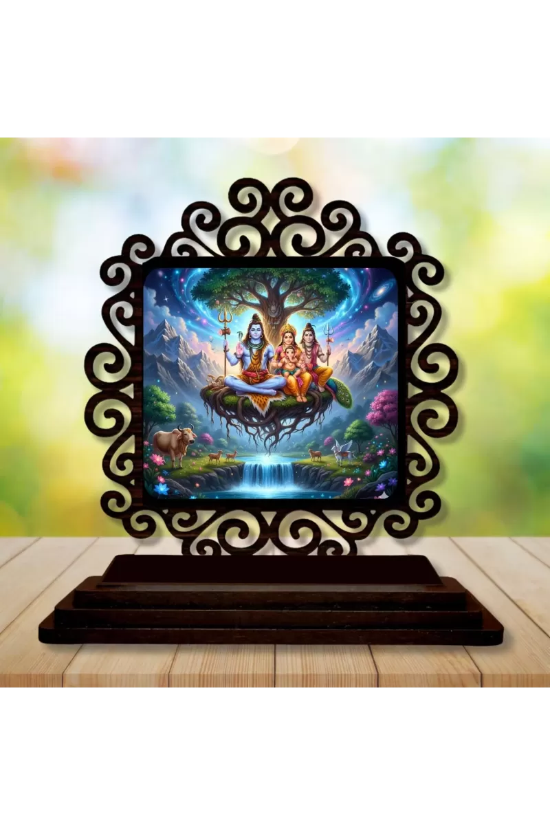Car Desk/Table Top Lord Shiva And Family Wooden Photo Stand  3x4 Inches, Compact & Stylish Spiritual Display For Car, Home & Office (Pack Of 1) (F19967)