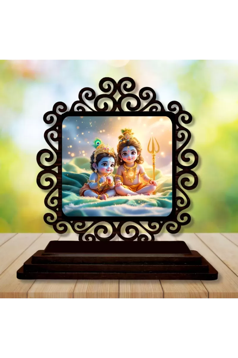 Car Desk/Table Top Little Krishna And Shiva Wooden Photo Stand  3x4 Inches, Compact & Stylish Spiritual Display For Car, Home & Office (Pack Of 1) (F19968)