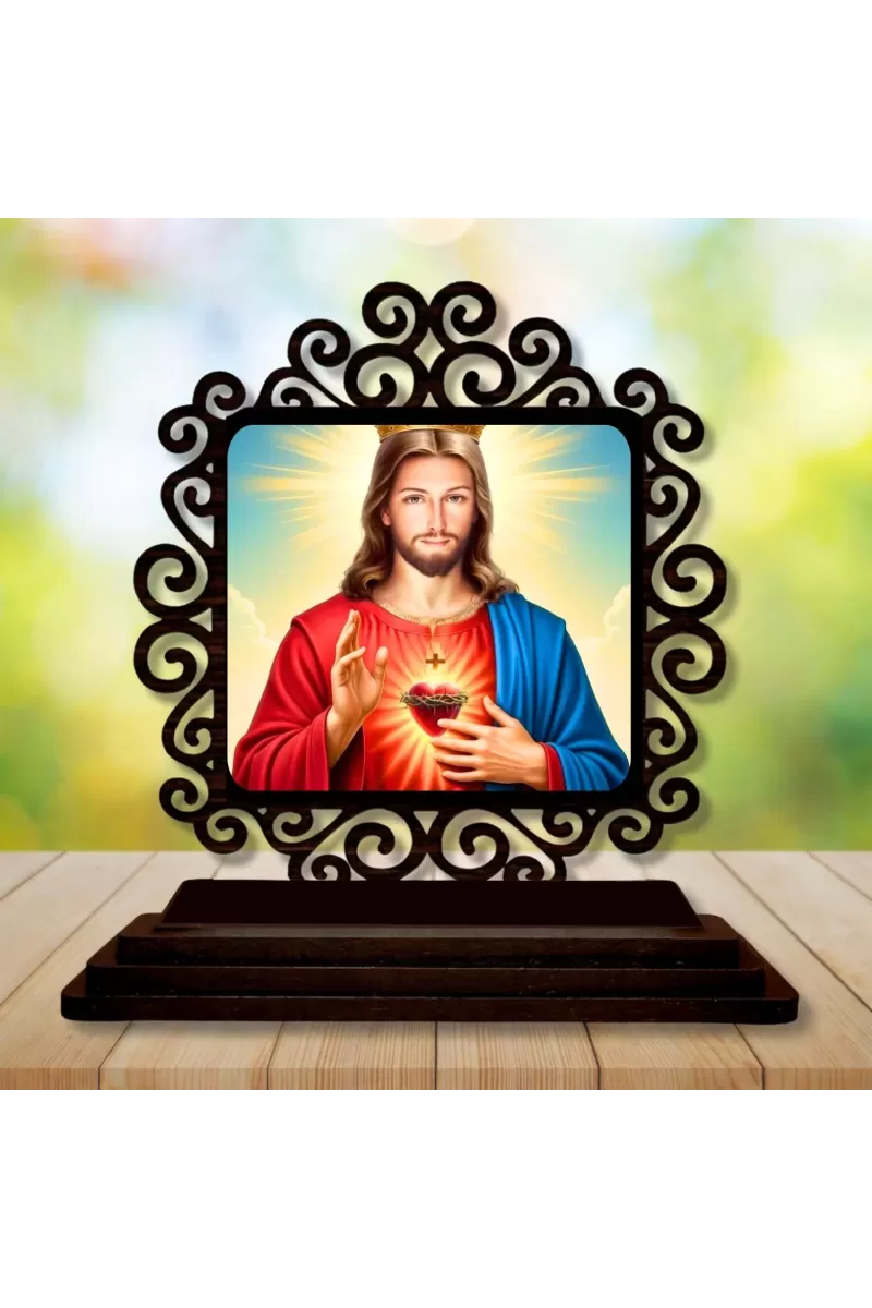Car Desk/Table Top Lord Jesus Wooden Photo Stand  3x4 Inches, Compact & Stylish Spiritual Display For Car, Home & Office (Pack Of 1) (F19971)