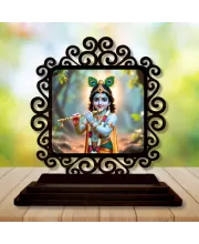 Car Desk/Table Top Lord Krishna Wooden Photo Stand  3x4 Inches, Compact & Stylish Spiritual Display For Car, Home & Office (Pack Of 1) (F19974)