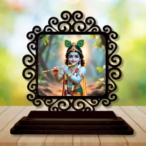 Car Desk/Table Top Lord Krishna Wooden Photo Stand  3x4 Inches, Compact & Stylish Spiritual Display For Car, Home & Office (Pack Of 1) (F19974)