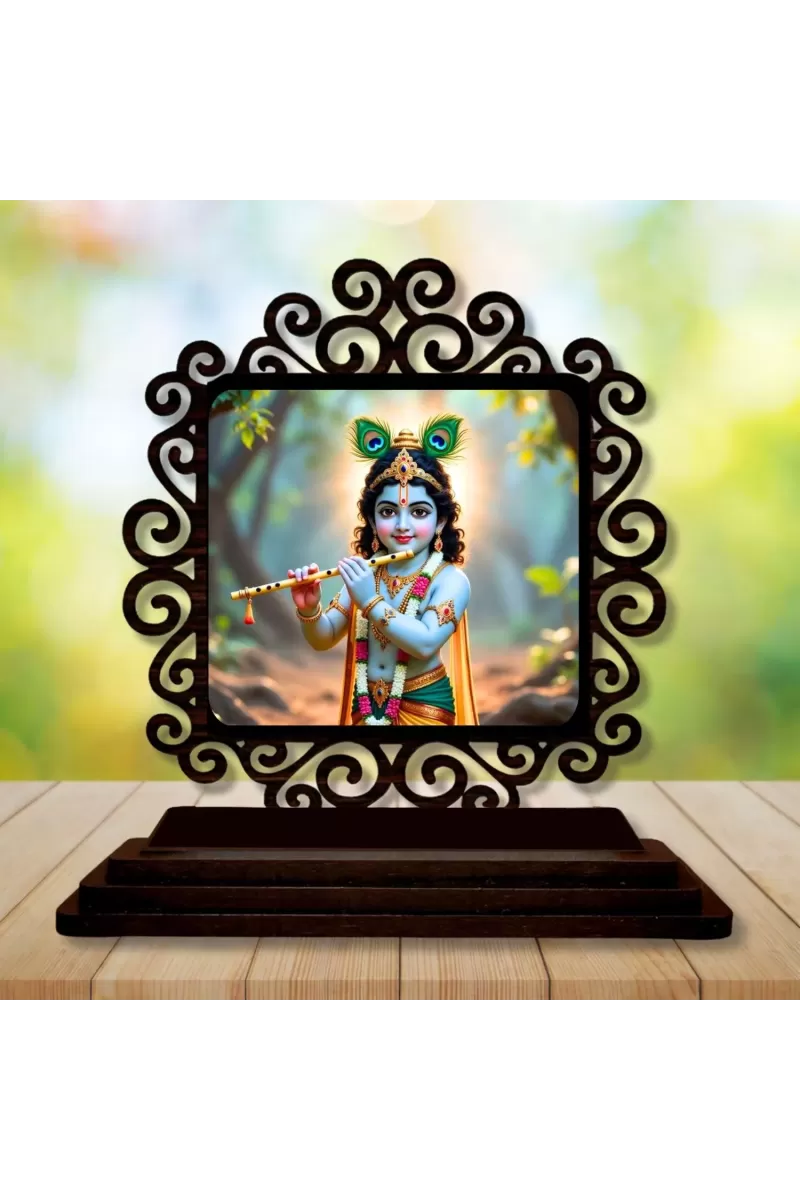 Car Desk/Table Top Lord Krishna Wooden Photo Stand  3x4 Inches, Compact & Stylish Spiritual Display For Car, Home & Office (Pack Of 1) (F19974)