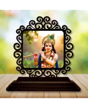 Car Desk/Table Top Lord Krishna Wooden Photo Stand  3x4 Inches, Compact & Stylish Spiritual Display For Car, Home & Office (Pack Of 1) (F19975)