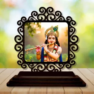 Car Desk/Table Top Lord Krishna Wooden Photo Stand  3x4 Inches, Compact & Stylish Spiritual Display For Car, Home & Office (Pack Of 1) (F19975)