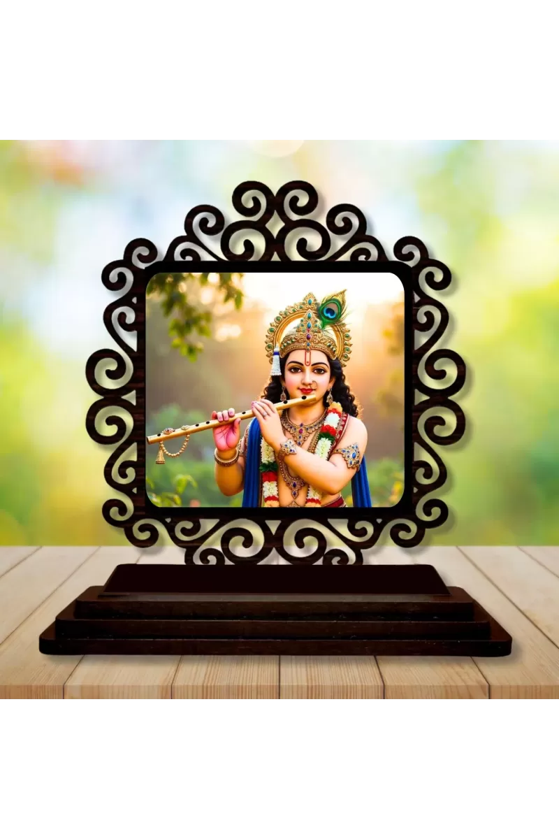 Car Desk/Table Top Lord Krishna Wooden Photo Stand  3x4 Inches, Compact & Stylish Spiritual Display For Car, Home & Office (Pack Of 1) (F19975)