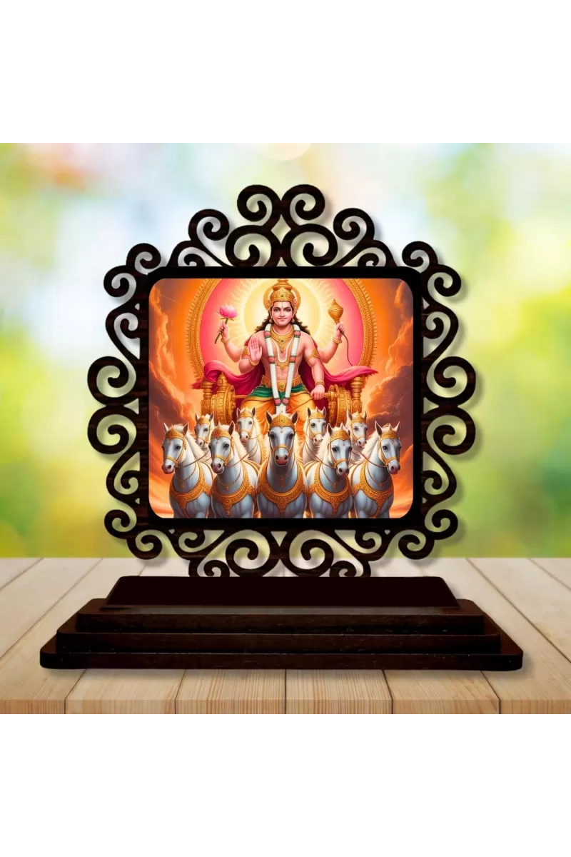 Car Desk/Table Top Surya Dev Wooden Photo Stand  3x4 Inches, Compact & Stylish Spiritual Display For Car, Home & Office (Pack Of 1) (F19978)