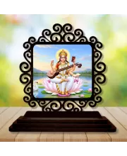 Car Desk/Table Top Lord Saraswathi Wooden Photo Stand  3x4 Inches, Compact & Stylish Spiritual Display For Car, Home & Office (Pack Of 1) (F19979)