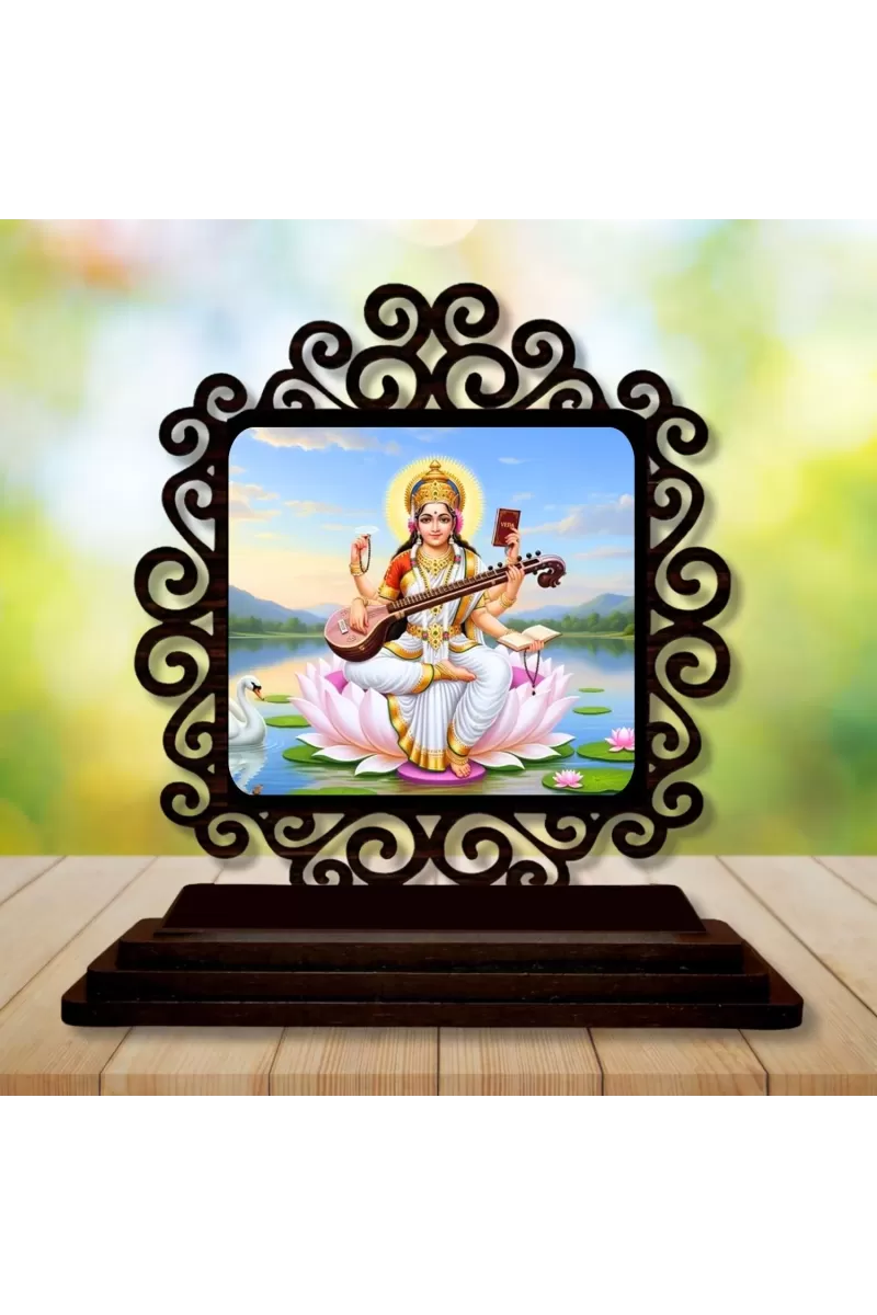 Car Desk/Table Top Lord Saraswathi Wooden Photo Stand  3x4 Inches, Compact & Stylish Spiritual Display For Car, Home & Office (Pack Of 1) (F19979)
