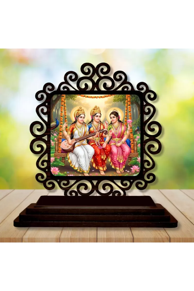 Car Desk/Table Top Lakshmi And Parvathi And Saraswathi Wooden Photo Stand  3x4 Inches, Compact & Stylish Spiritual Display For Car, Home & Office (Pack Of 1) (F19980)