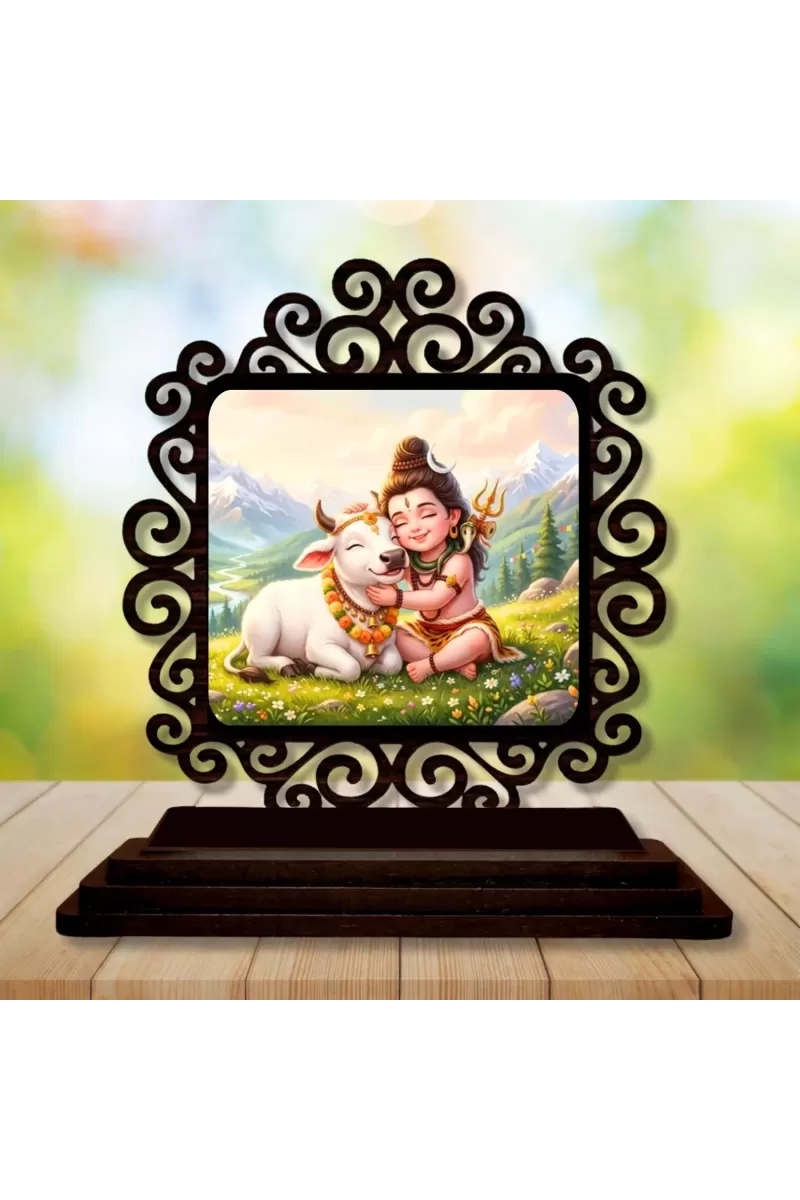 Car Desk/Table Top Lord Shiva Wooden Photo Stand  3x4 Inches, Compact & Stylish Spiritual Display For Car, Home & Office (Pack Of 1) (F19982)