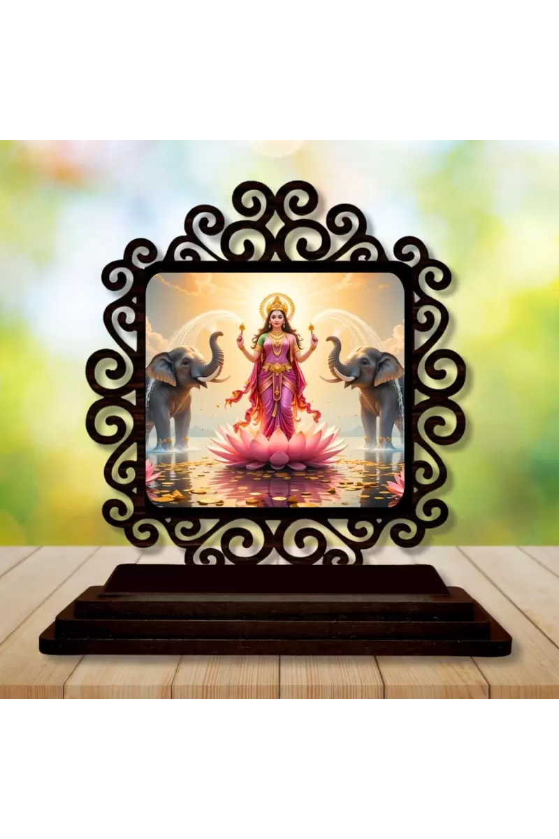 Car Desk/Table Top Goddess Lakshmi Wooden Photo Stand  3x4 Inches, Compact & Stylish Spiritual Display For Car, Home & Office (Pack Of 1) (F19983)