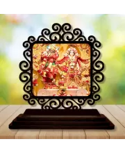 Car Desk/Table Top Radha Krishna Wooden Photo Stand  3x4 Inches, Compact & Stylish Spiritual Display For Car, Home & Office (Pack Of 1) (F19984)