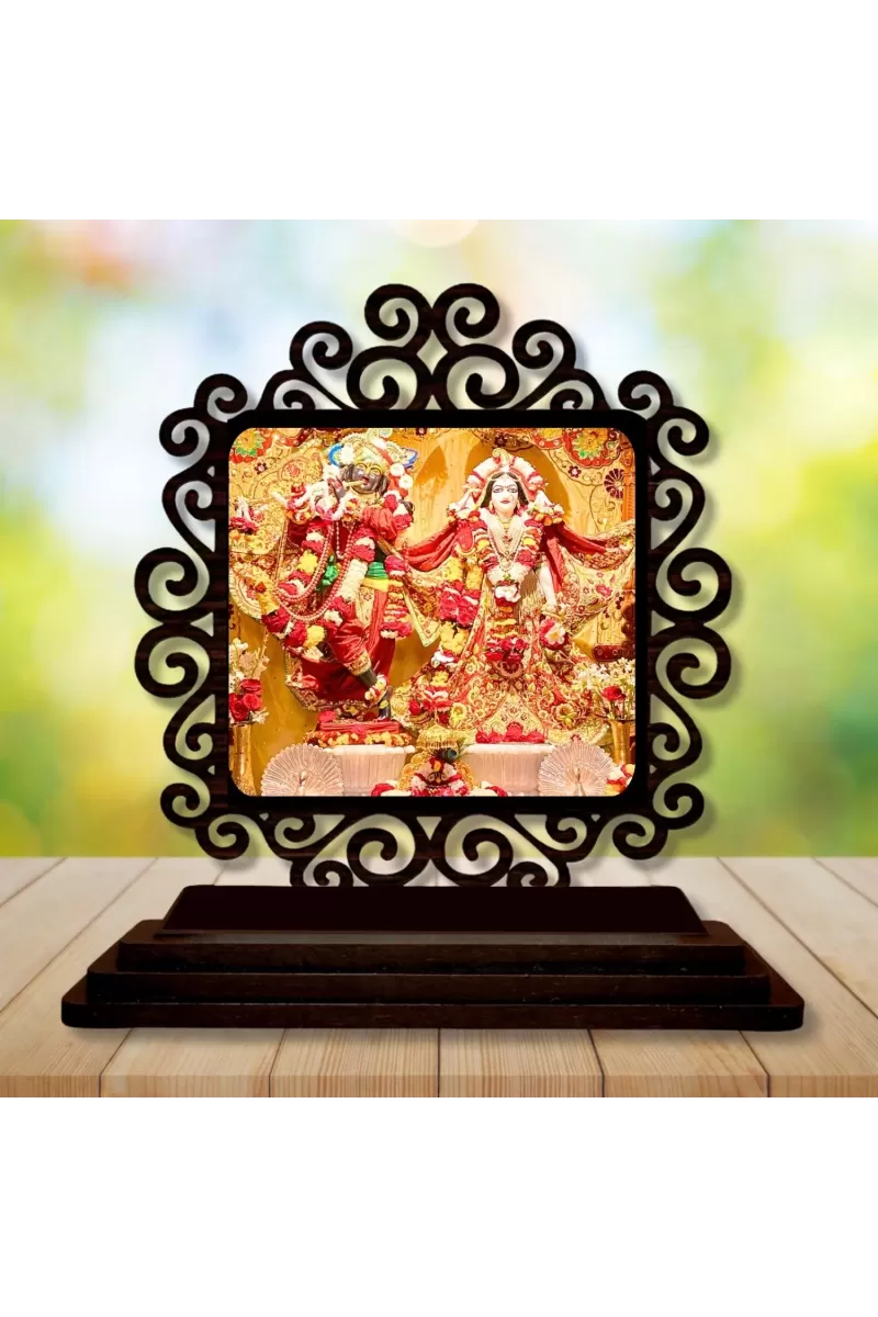 Car Desk/Table Top Radha Krishna Wooden Photo Stand  3x4 Inches, Compact & Stylish Spiritual Display For Car, Home & Office (Pack Of 1) (F19984)