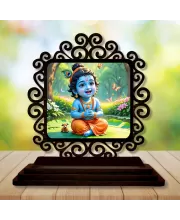 Car Desk/Table Top Little Krishna Wooden Photo Stand  3x4 Inches, Compact & Stylish Spiritual Display For Car, Home & Office (Pack Of 1) (F19985)