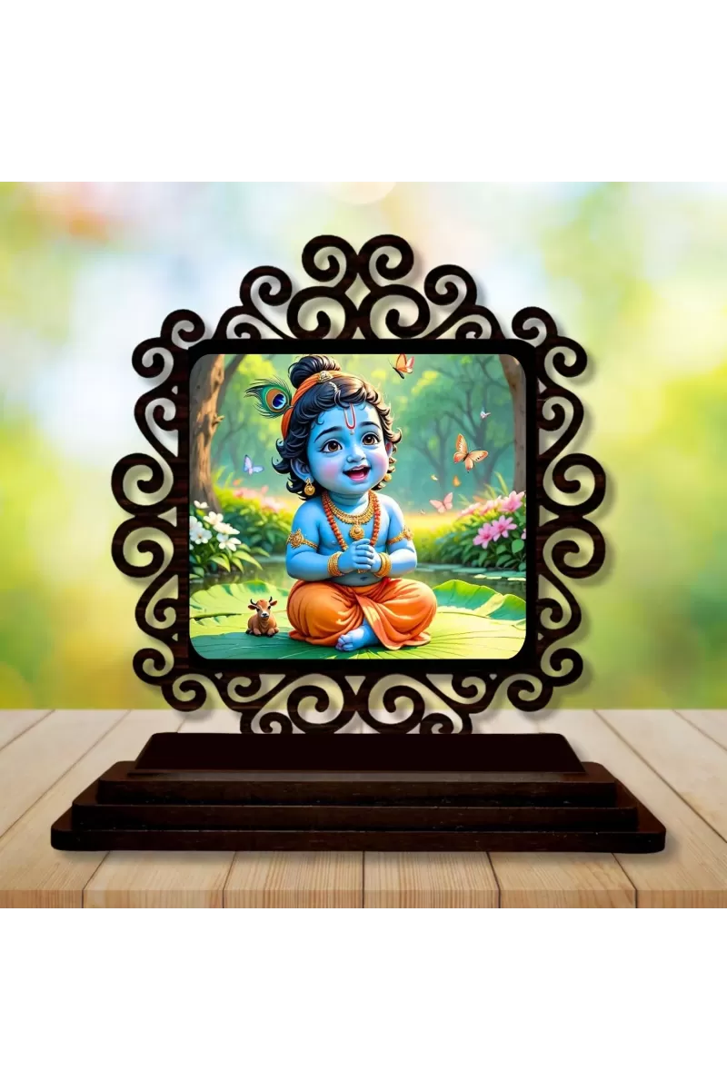 Car Desk/Table Top Little Krishna Wooden Photo Stand  3x4 Inches, Compact & Stylish Spiritual Display For Car, Home & Office (Pack Of 1) (F19985)