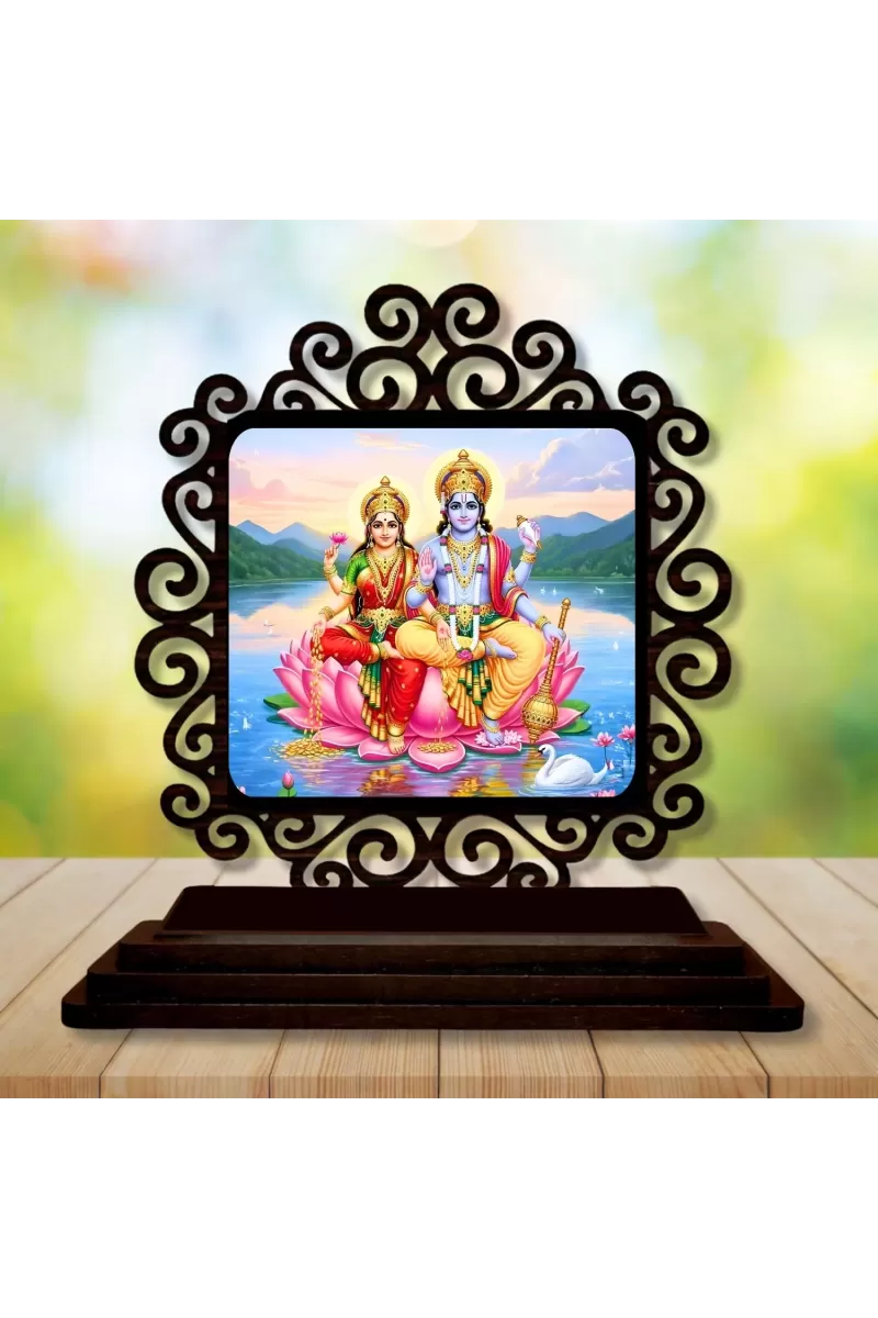 Car Desk/Table Top Lord Vishnu And Lakshmi Wooden Photo Stand  3x4 Inches, Compact & Stylish Spiritual Display For Car, Home & Office (Pack Of 1) (F19987)