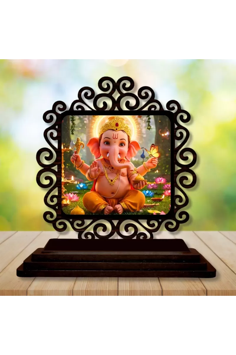Car Desk/Table Top Lord Ganesha Wooden Photo Stand  3x4 Inches, Compact & Stylish Spiritual Display For Car, Home & Office (Pack Of 1) (F19988)