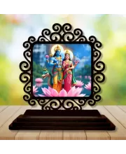 Car Desk/Table Top Lord Vishnu And Lakshmi Wooden Photo Stand  3x4 Inches, Compact & Stylish Spiritual Display For Car, Home & Office (Pack Of 1) (F19989)