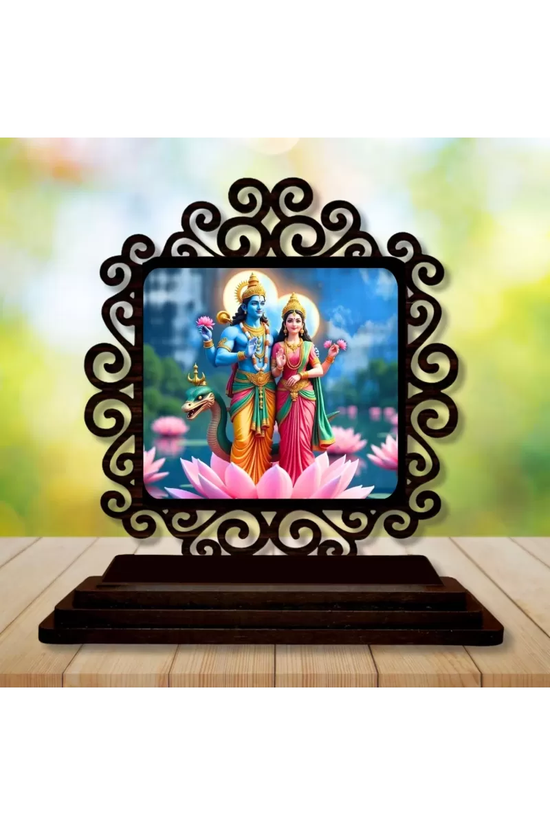 Car Desk/Table Top Lord Vishnu And Lakshmi Wooden Photo Stand  3x4 Inches, Compact & Stylish Spiritual Display For Car, Home & Office (Pack Of 1) (F19989)