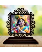 Car Desk/Table Top Lord Krishna Wooden Photo Stand  3x4 Inches, Compact & Stylish Spiritual Display For Car, Home & Office (Pack Of 1) (F19991)