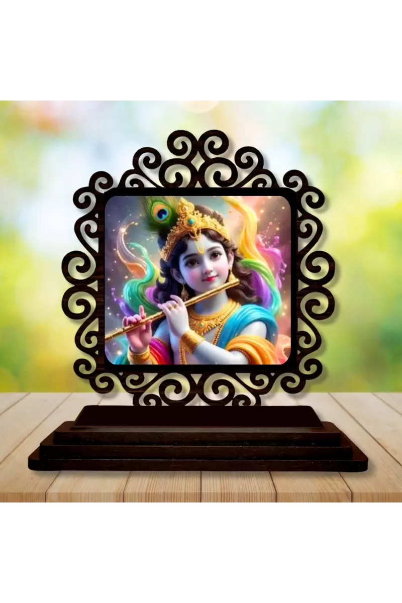 Car Desk/Table Top Lord Krishna Wooden Photo Stand  3x4 Inches, Compact & Stylish Spiritual Display For Car, Home & Office (Pack Of 1) (F19991)