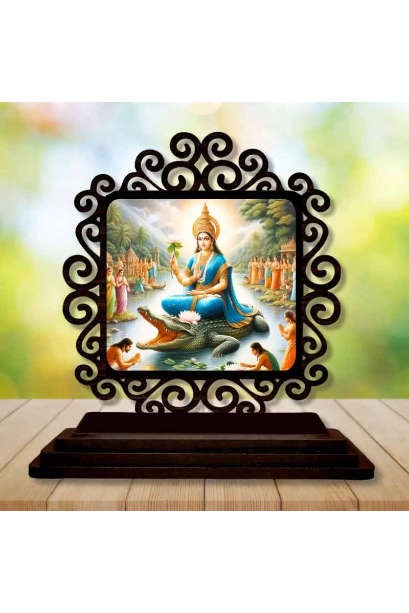 Car Desk/Table Top Goddess Ganga Wooden Photo Stand  3x4 Inches, Compact & Stylish Spiritual Display For Car, Home & Office (Pack Of 1) (F19992)